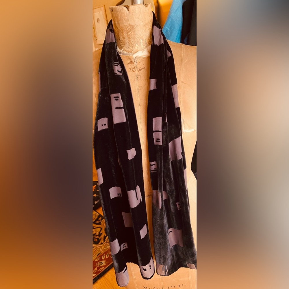 Vintage Silk Velvet Devore Burnout Scarf Abstract Sheer Long Wrap Deep Brown